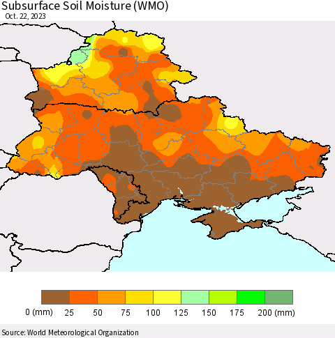 Ukraine, Moldova and Belarus Subsurface Soil Moisture (WMO) Thematic Map For 10/16/2023 - 10/22/2023