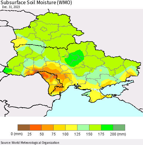 Ukraine, Moldova and Belarus Subsurface Soil Moisture (WMO) Thematic Map For 12/25/2023 - 12/31/2023