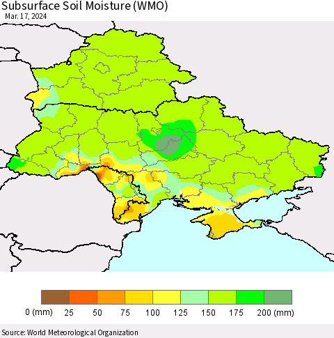 Ukraine, Moldova and Belarus Subsurface Soil Moisture (WMO) Thematic Map For 3/11/2024 - 3/17/2024