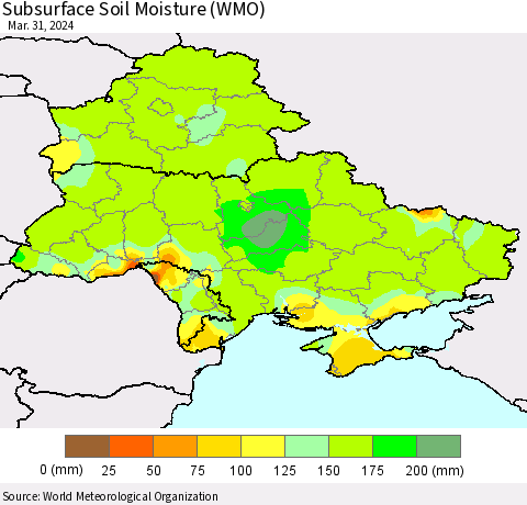 Ukraine, Moldova and Belarus Subsurface Soil Moisture (WMO) Thematic Map For 3/25/2024 - 3/31/2024
