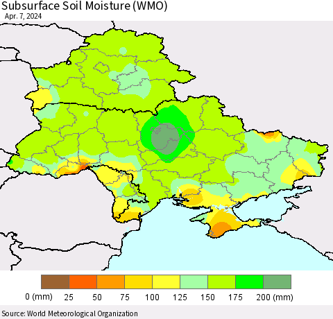 Ukraine, Moldova and Belarus Subsurface Soil Moisture (WMO) Thematic Map For 4/1/2024 - 4/7/2024
