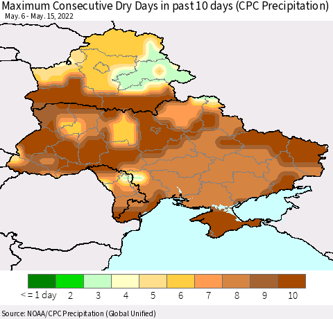 Ukraine, Moldova and Belarus Maximum Consecutive Dry Days in past 10 days (CPC Precipitation) Thematic Map For 5/11/2022 - 5/15/2022