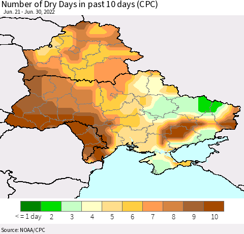 Ukraine, Moldova and Belarus Maximum Consecutive Dry Days in past 10 days (CPC Precipitation) Thematic Map For 6/26/2022 - 6/30/2022