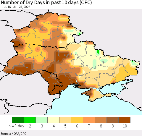Ukraine, Moldova and Belarus Maximum Consecutive Dry Days in past 10 days (CPC Precipitation) Thematic Map For 7/21/2022 - 7/25/2022