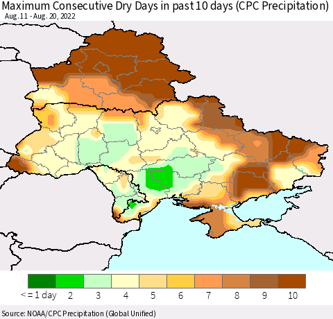 Ukraine, Moldova and Belarus Maximum Consecutive Dry Days in past 10 days (CPC Precipitation) Thematic Map For 8/16/2022 - 8/20/2022