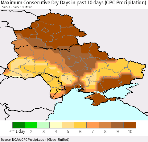 Ukraine, Moldova and Belarus Maximum Consecutive Dry Days in past 10 days (CPC Precipitation) Thematic Map For 9/6/2022 - 9/10/2022