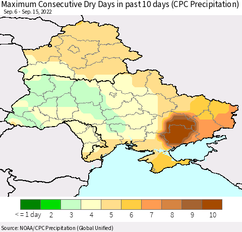 Ukraine, Moldova and Belarus Maximum Consecutive Dry Days in past 10 days (CPC Precipitation) Thematic Map For 9/11/2022 - 9/15/2022