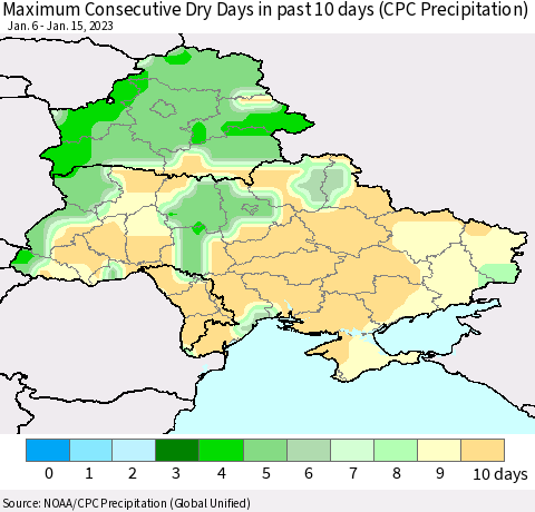 Ukraine, Moldova and Belarus Maximum Consecutive Dry Days in past 10 days (CPC Precipitation) Thematic Map For 1/11/2023 - 1/15/2023