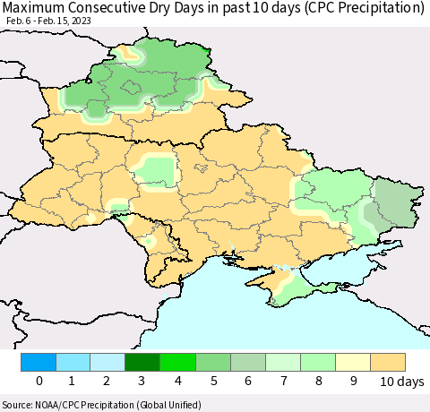 Ukraine, Moldova and Belarus Maximum Consecutive Dry Days in past 10 days (CPC Precipitation) Thematic Map For 2/11/2023 - 2/15/2023