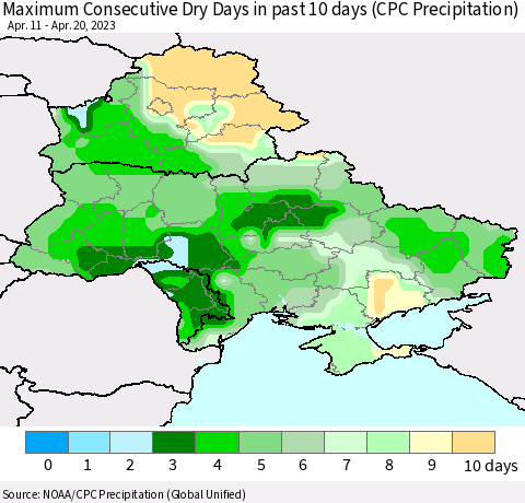Ukraine, Moldova and Belarus Maximum Consecutive Dry Days in past 10 days (CPC Precipitation) Thematic Map For 4/16/2023 - 4/20/2023