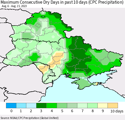 Ukraine, Moldova and Belarus Maximum Consecutive Dry Days in past 10 days (CPC Precipitation) Thematic Map For 8/11/2023 - 8/15/2023