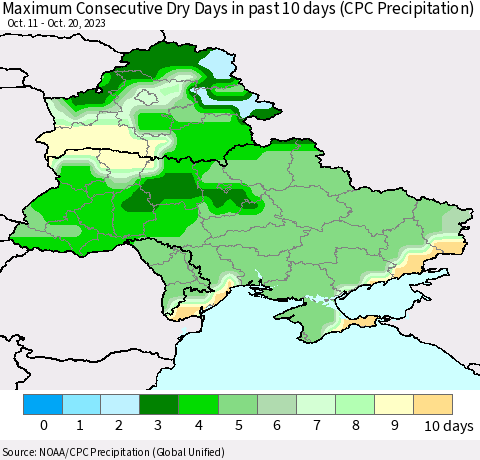 Ukraine, Moldova and Belarus Maximum Consecutive Dry Days in past 10 days (CPC Precipitation) Thematic Map For 10/16/2023 - 10/20/2023