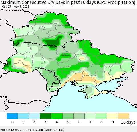 Ukraine, Moldova and Belarus Maximum Consecutive Dry Days in past 10 days (CPC Precipitation) Thematic Map For 11/1/2023 - 11/5/2023