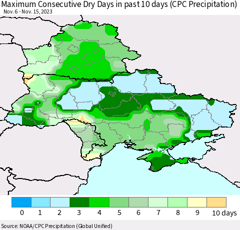 Ukraine, Moldova and Belarus Maximum Consecutive Dry Days in past 10 days (CPC Precipitation) Thematic Map For 11/11/2023 - 11/15/2023