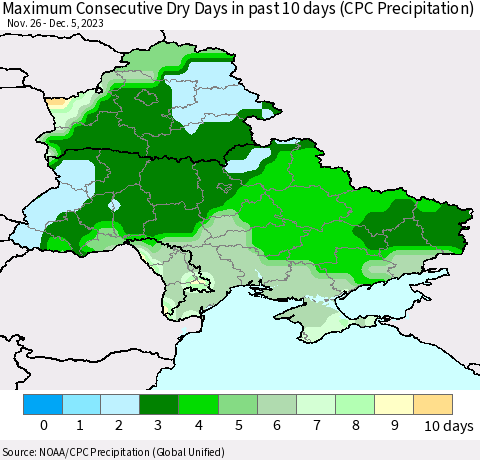 Ukraine, Moldova and Belarus Maximum Consecutive Dry Days in past 10 days (CPC Precipitation) Thematic Map For 12/1/2023 - 12/5/2023