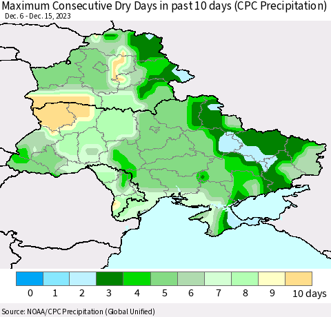 Ukraine, Moldova and Belarus Maximum Consecutive Dry Days in past 10 days (CPC Precipitation) Thematic Map For 12/11/2023 - 12/15/2023