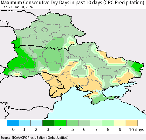 Ukraine, Moldova and Belarus Maximum Consecutive Dry Days in past 10 days (CPC Precipitation) Thematic Map For 1/26/2024 - 1/31/2024