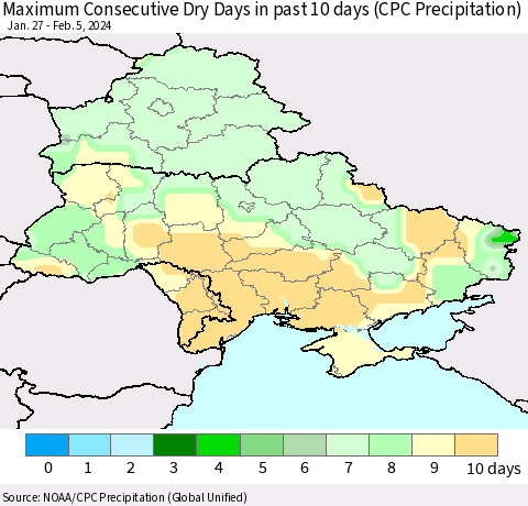Ukraine, Moldova and Belarus Maximum Consecutive Dry Days in past 10 days (CPC Precipitation) Thematic Map For 2/1/2024 - 2/5/2024