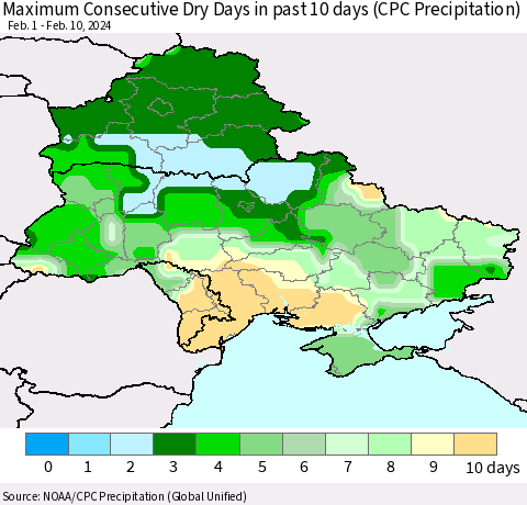 Ukraine, Moldova and Belarus Maximum Consecutive Dry Days in past 10 days (CPC Precipitation) Thematic Map For 2/6/2024 - 2/10/2024