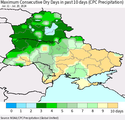 Ukraine, Moldova and Belarus Maximum Consecutive Dry Days in past 10 days (CPC Precipitation) Thematic Map For 7/16/2024 - 7/20/2024