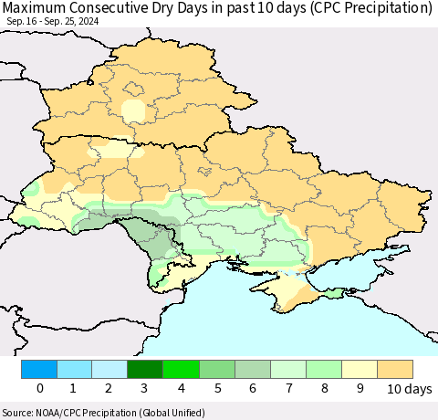 Ukraine, Moldova and Belarus Maximum Consecutive Dry Days in past 10 days (CPC Precipitation) Thematic Map For 9/21/2024 - 9/25/2024