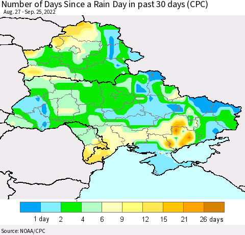 Ukraine, Moldova and Belarus Number of Days Since a Rain Day in past 30 days (CPC) Thematic Map For 9/21/2022 - 9/25/2022