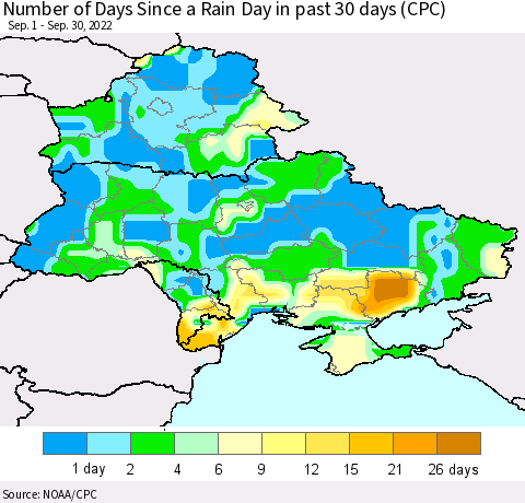 Ukraine, Moldova and Belarus Number of Days Since a Rain Day in past 30 days (CPC) Thematic Map For 9/26/2022 - 9/30/2022