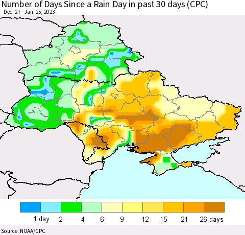 Ukraine, Moldova and Belarus Number of Days Since a Rain Day in past 30 days (CPC) Thematic Map For 1/21/2023 - 1/25/2023
