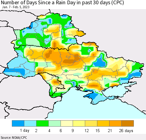 Ukraine, Moldova and Belarus Number of Days Since a Rain Day in past 30 days (CPC) Thematic Map For 2/1/2023 - 2/5/2023