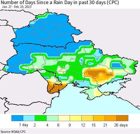 Ukraine, Moldova and Belarus Number of Days Since a Rain Day in past 30 days (CPC) Thematic Map For 2/21/2023 - 2/25/2023