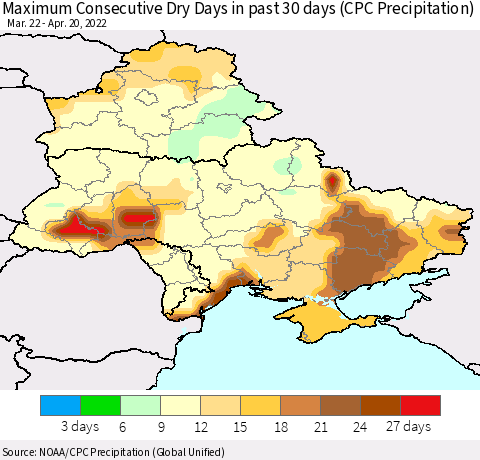 Ukraine, Moldova and Belarus Maximum Consecutive Dry Days in past 30 days (CPC Precipitation) Thematic Map For 4/16/2022 - 4/20/2022