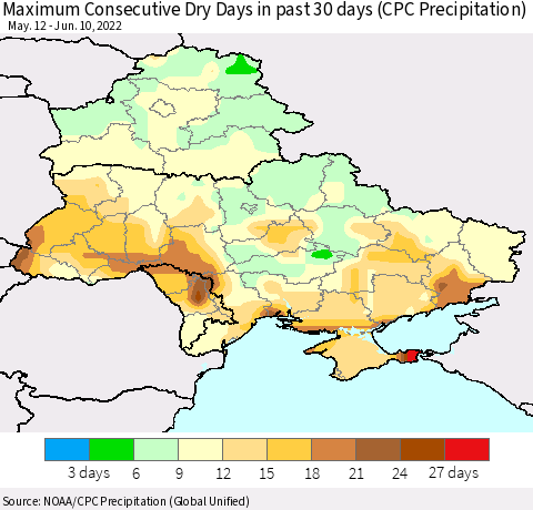 Ukraine, Moldova and Belarus Maximum Consecutive Dry Days in past 30 days (CPC Precipitation) Thematic Map For 6/6/2022 - 6/10/2022