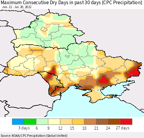 Ukraine, Moldova and Belarus Maximum Consecutive Dry Days in past 30 days (CPC Precipitation) Thematic Map For 7/16/2022 - 7/20/2022