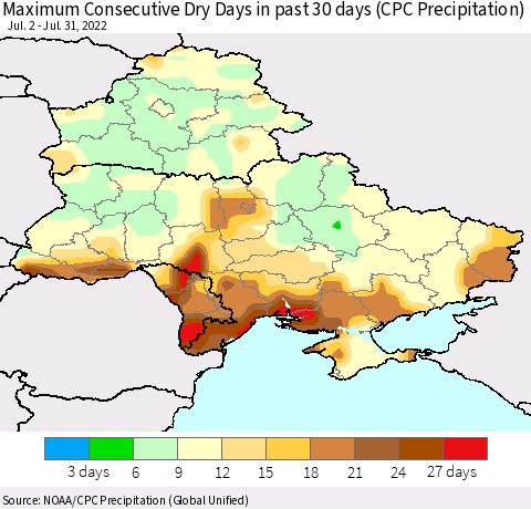 Ukraine, Moldova and Belarus Maximum Consecutive Dry Days in past 30 days (CPC Precipitation) Thematic Map For 7/26/2022 - 7/31/2022
