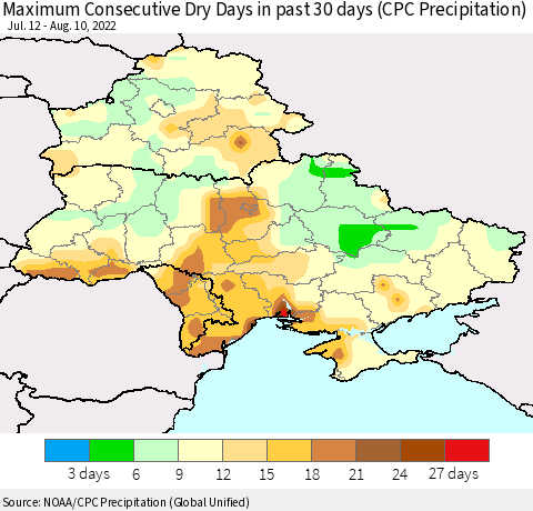 Ukraine, Moldova and Belarus Maximum Consecutive Dry Days in past 30 days (CPC Precipitation) Thematic Map For 8/6/2022 - 8/10/2022
