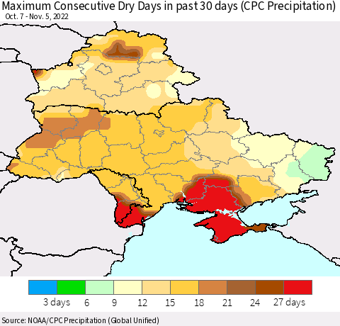 Ukraine, Moldova and Belarus Maximum Consecutive Dry Days in past 30 days (CPC Precipitation) Thematic Map For 11/1/2022 - 11/5/2022