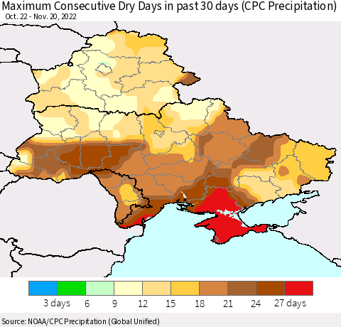 Ukraine, Moldova and Belarus Maximum Consecutive Dry Days in past 30 days (CPC Precipitation) Thematic Map For 11/16/2022 - 11/20/2022