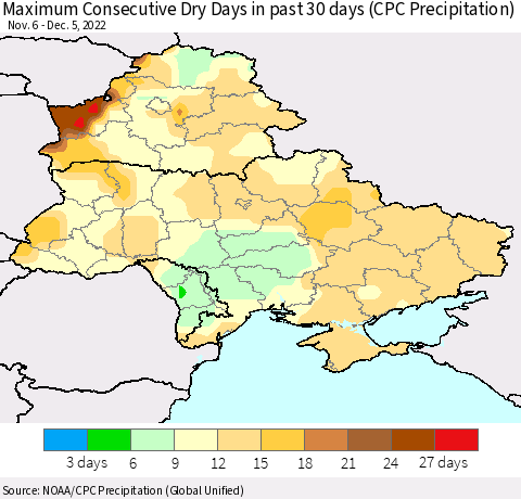 Ukraine, Moldova and Belarus Maximum Consecutive Dry Days in past 30 days (CPC Precipitation) Thematic Map For 12/1/2022 - 12/5/2022