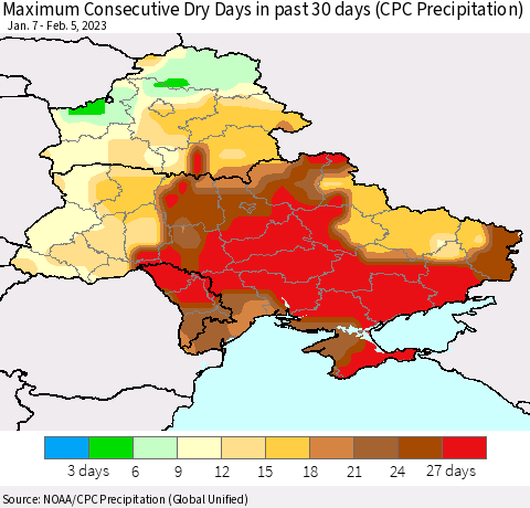 Ukraine, Moldova and Belarus Maximum Consecutive Dry Days in past 30 days (CPC Precipitation) Thematic Map For 2/1/2023 - 2/5/2023
