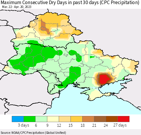Ukraine, Moldova and Belarus Maximum Consecutive Dry Days in past 30 days (CPC Precipitation) Thematic Map For 4/16/2023 - 4/20/2023