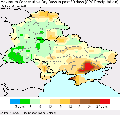 Ukraine, Moldova and Belarus Maximum Consecutive Dry Days in past 30 days (CPC Precipitation) Thematic Map For 7/6/2023 - 7/10/2023