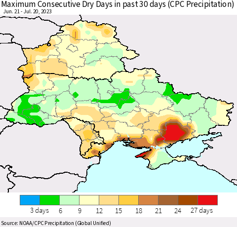 Ukraine, Moldova and Belarus Maximum Consecutive Dry Days in past 30 days (CPC Precipitation) Thematic Map For 7/16/2023 - 7/20/2023