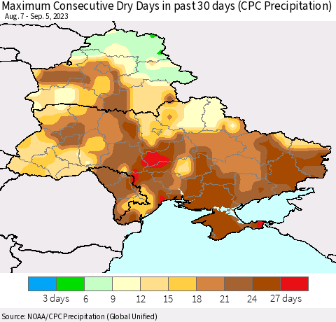 Ukraine, Moldova and Belarus Maximum Consecutive Dry Days in past 30 days (CPC Precipitation) Thematic Map For 9/1/2023 - 9/5/2023