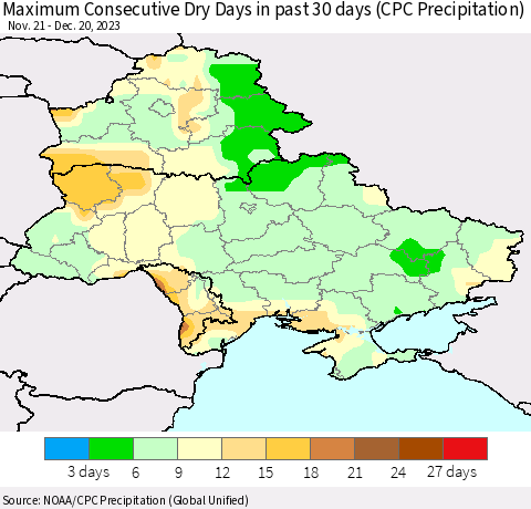 Ukraine, Moldova and Belarus Maximum Consecutive Dry Days in past 30 days (CPC Precipitation) Thematic Map For 12/16/2023 - 12/20/2023