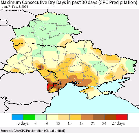 Ukraine, Moldova and Belarus Maximum Consecutive Dry Days in past 30 days (CPC Precipitation) Thematic Map For 2/1/2024 - 2/5/2024