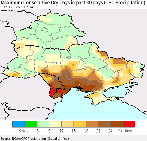 Ukraine, Moldova and Belarus Maximum Consecutive Dry Days in past 30 days (CPC Precipitation) Thematic Map For 2/6/2024 - 2/10/2024
