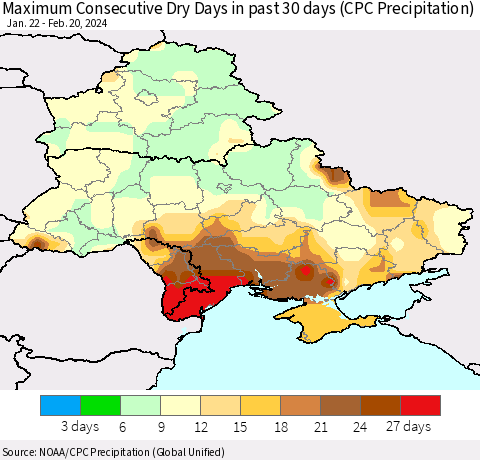 Ukraine, Moldova and Belarus Maximum Consecutive Dry Days in past 30 days (CPC Precipitation) Thematic Map For 2/16/2024 - 2/20/2024
