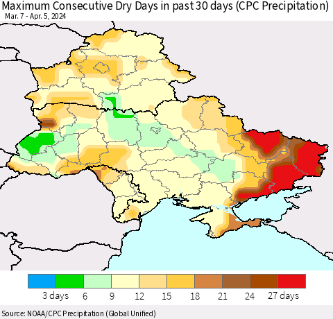 Ukraine, Moldova and Belarus Maximum Consecutive Dry Days in past 30 days (CPC Precipitation) Thematic Map For 4/1/2024 - 4/5/2024