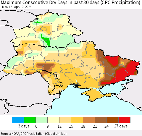 Ukraine, Moldova and Belarus Maximum Consecutive Dry Days in past 30 days (CPC Precipitation) Thematic Map For 4/6/2024 - 4/10/2024