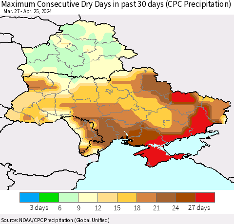 Ukraine, Moldova and Belarus Maximum Consecutive Dry Days in past 30 days (CPC Precipitation) Thematic Map For 4/21/2024 - 4/25/2024